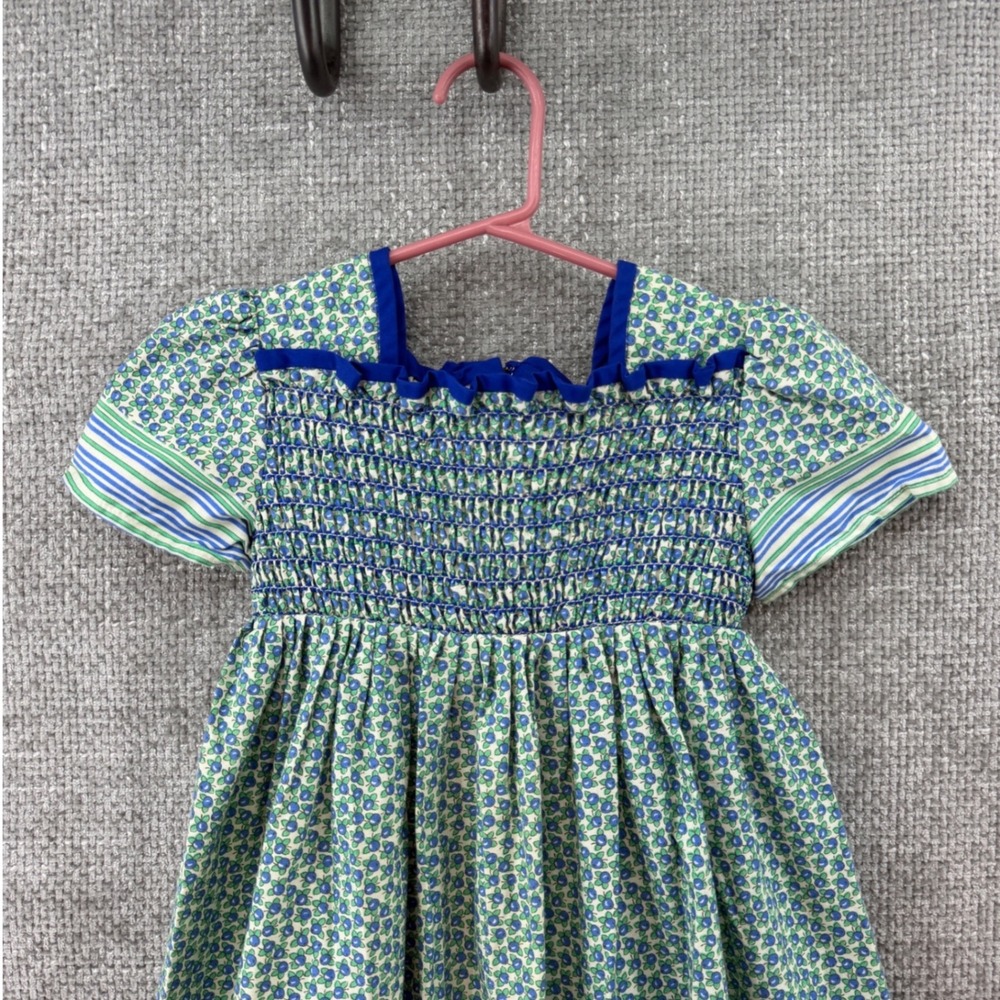 VTG 1970s David Rome Girls Dress 1.5-2T Smocked Toddler Boho England Blue Green